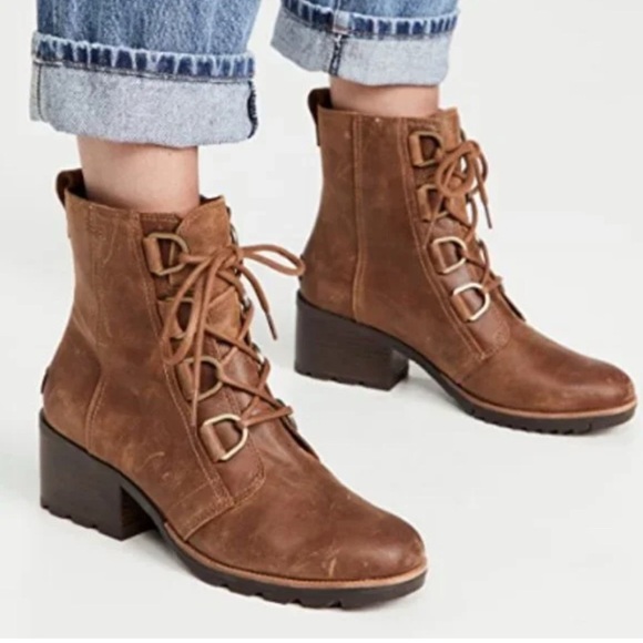 Sorel Cate lace bootie ankle boot  sz 9 combat leather brown - Picture 2 of 9